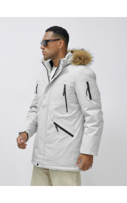 Мужская зимняя удлиненная парка с мехом, светло-серая в Тюмени