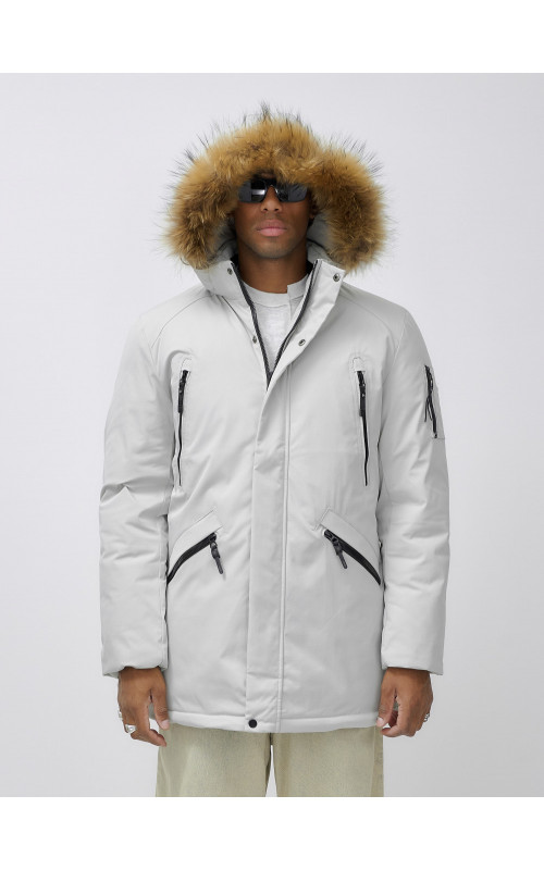 Мужская зимняя удлиненная парка с мехом, светло-серая в Тюмени