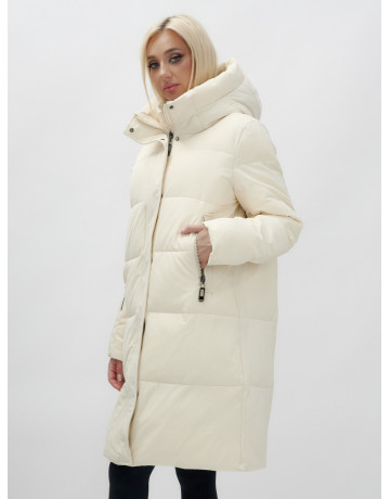 Женский зимний пуховик с капюшоном, удлинённый, бежевый. в Тюмени