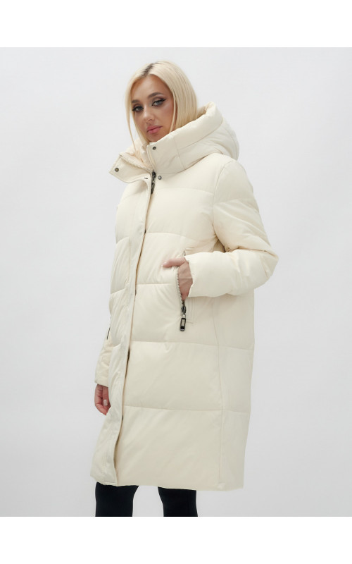 Женский зимний пуховик с капюшоном, удлинённый, бежевый. в Тюмени