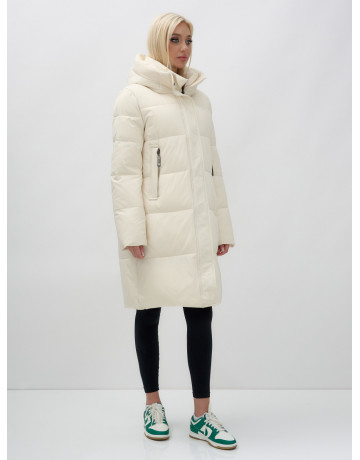 Тёплый женский пуховик с капюшоном до колена.