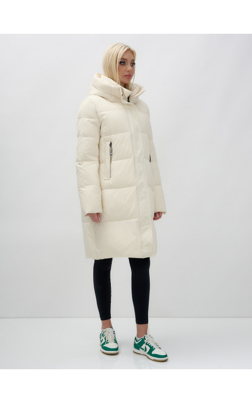 Женский зимний пуховик с капюшоном, удлинённый, бежевый. в Тюмени