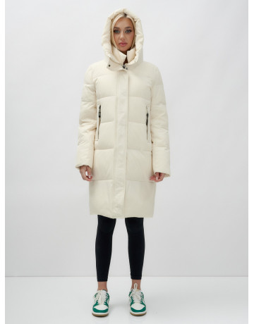 Женский зимний пуховик с капюшоном, удлинённый, бежевый. в Тюмени
