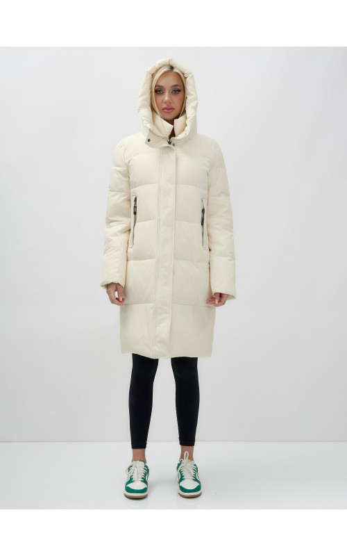 Женский зимний пуховик с капюшоном, удлинённый, бежевый. в Тюмени