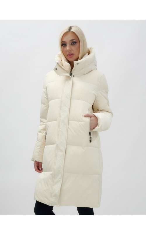 Женский зимний пуховик с капюшоном, удлинённый, бежевый. в Тюмени