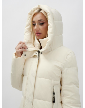 Женский зимний пуховик с капюшоном, удлинённый, бежевый. в Тюмени