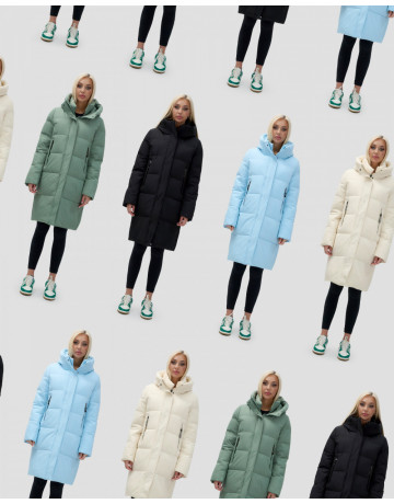 Тёплый женский пуховик с капюшоном до колена.