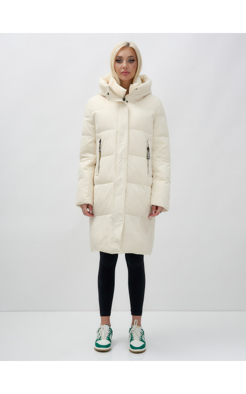 Женский зимний пуховик с капюшоном, удлинённый, бежевый. в Тюмени