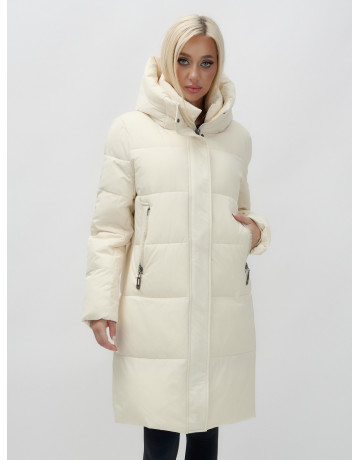 Женский зимний пуховик с капюшоном, удлинённый, бежевый. в Тюмени