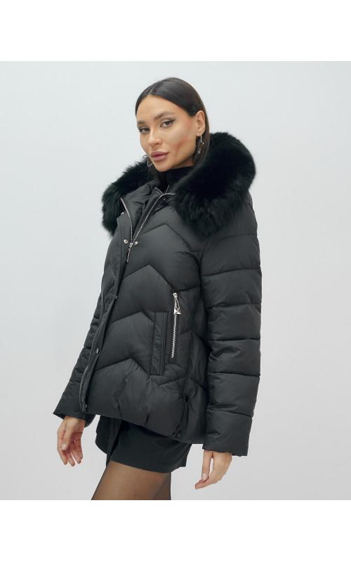 Женский зимний пуховик с мехом и капюшоном, чёрный. в Тюмени