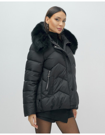 Женский зимний пуховик с мехом и капюшоном, чёрный. в Тюмени