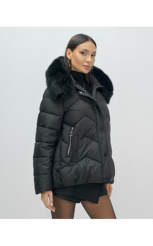 Женский зимний пуховик с мехом и капюшоном, чёрный. в Тюмени