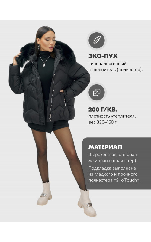 Женский зимний пуховик с мехом и капюшоном, чёрный. в Тюмени