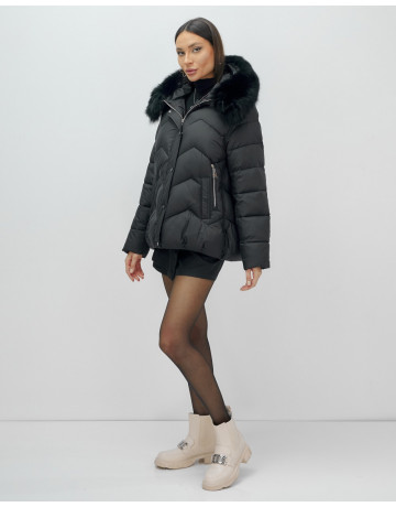 Женский зимний пуховик с мехом и капюшоном, чёрный. в Тюмени