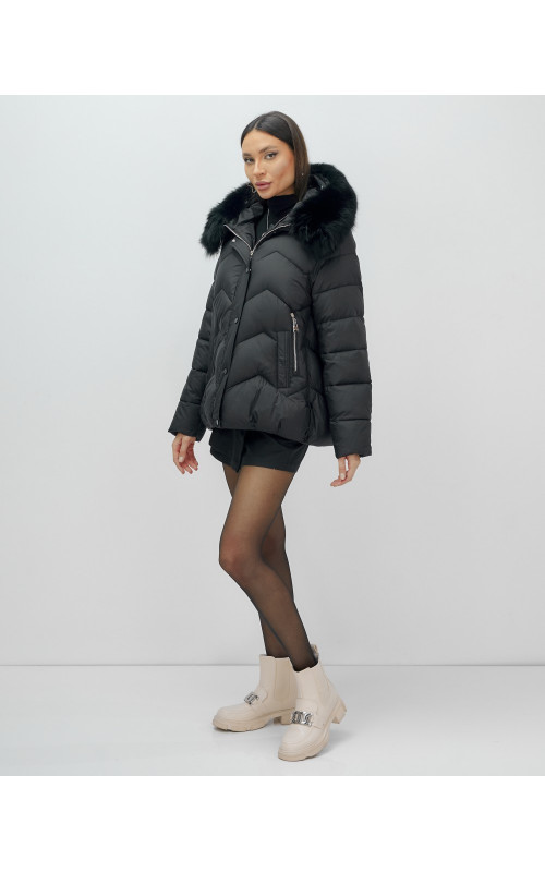 Женский зимний пуховик с мехом и капюшоном, чёрный. в Тюмени