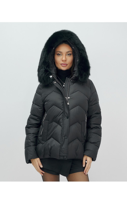 Женский зимний пуховик с мехом и капюшоном, чёрный. в Тюмени
