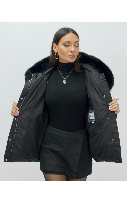Женский зимний пуховик с мехом и капюшоном, чёрный. в Тюмени