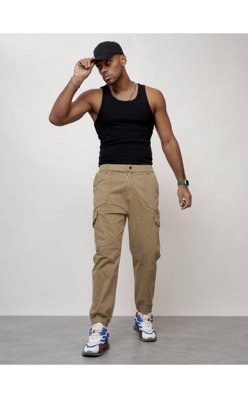 Мужские брюки карго с накладными карманами, бежевые в Тюмени
