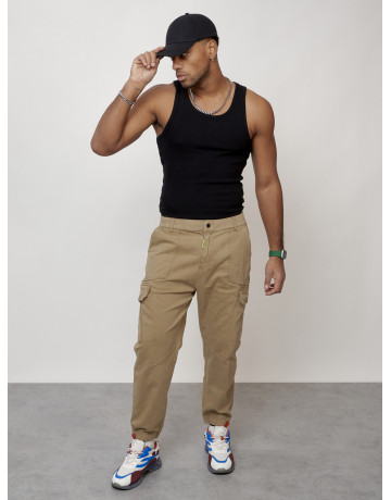 Мужские брюки карго с накладными карманами, бежевые в Тюмени