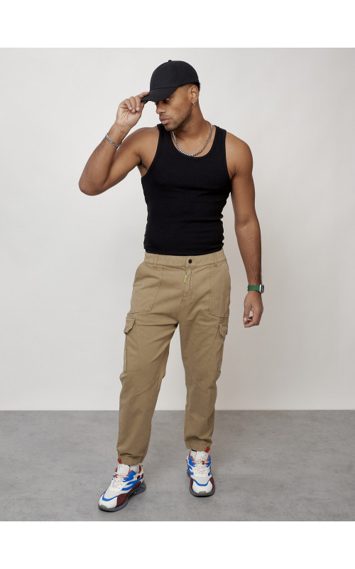 Мужские брюки карго с накладными карманами, бежевые в Тюмени
