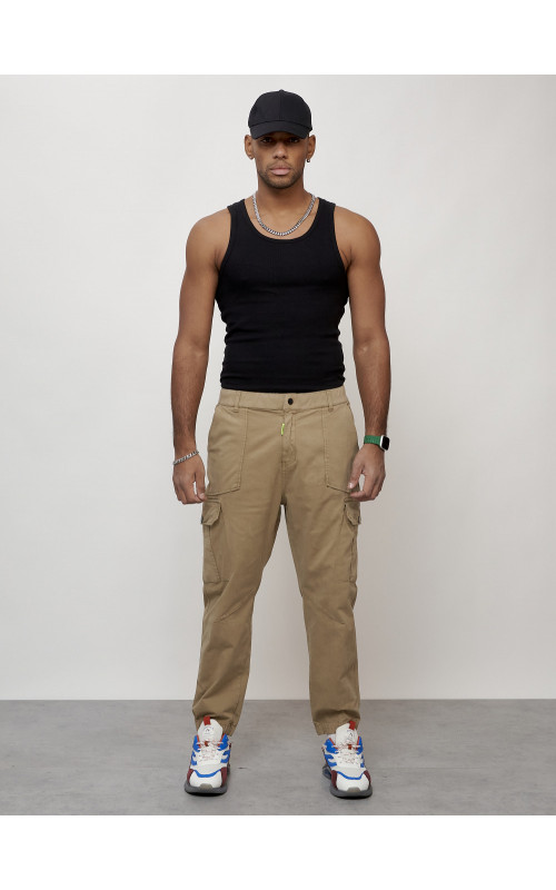 Мужские брюки карго с накладными карманами, бежевые в Тюмени