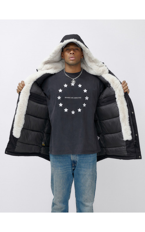 Мужская зимняя удлиненная парка с мехом, чёрная. в Тюмени