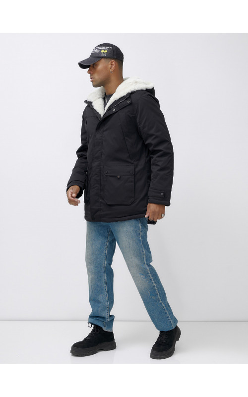 Мужская зимняя удлиненная парка с мехом, чёрная. в Тюмени