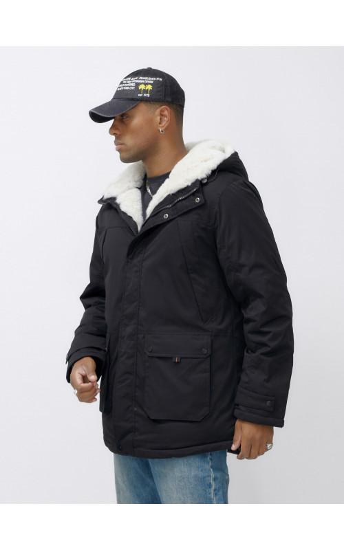 Мужская зимняя удлиненная парка с мехом, чёрная. в Тюмени