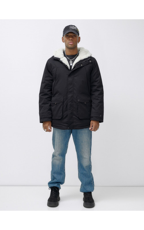 Мужская зимняя удлиненная парка с мехом, чёрная. в Тюмени