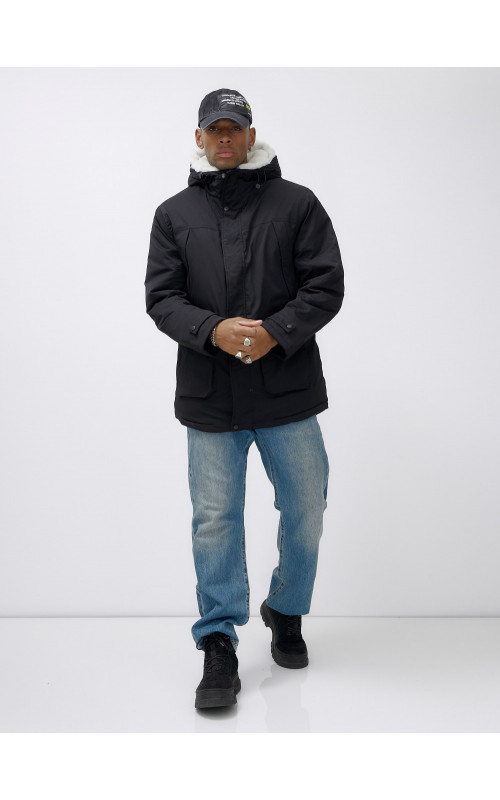 Мужская зимняя удлиненная парка с мехом, чёрная. в Тюмени