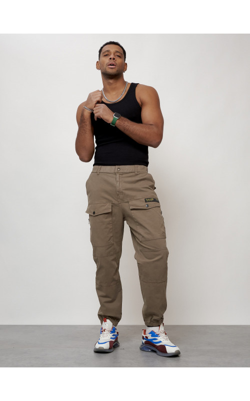 Мужские брюки карго с накладными карманами, бежевые в Тюмени