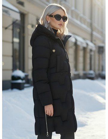 Женский длинный пуховик с капюшоном для зимы.