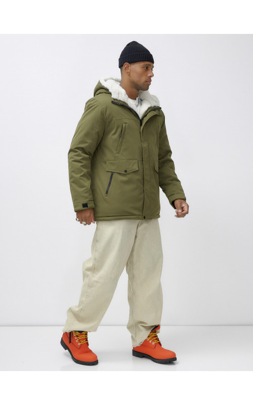 Мужская зимняя парка удлинённая с мехом, хаки, для активного отдыха в Тюмени