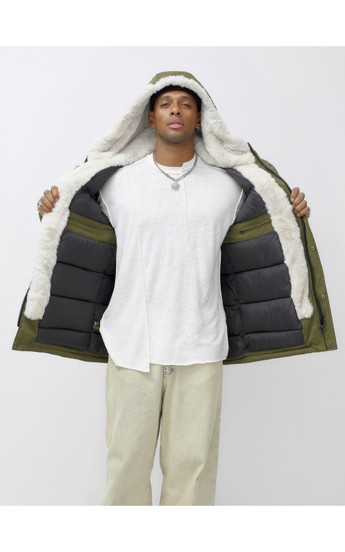 Мужская зимняя парка удлинённая с мехом, хаки, для активного отдыха в Тюмени