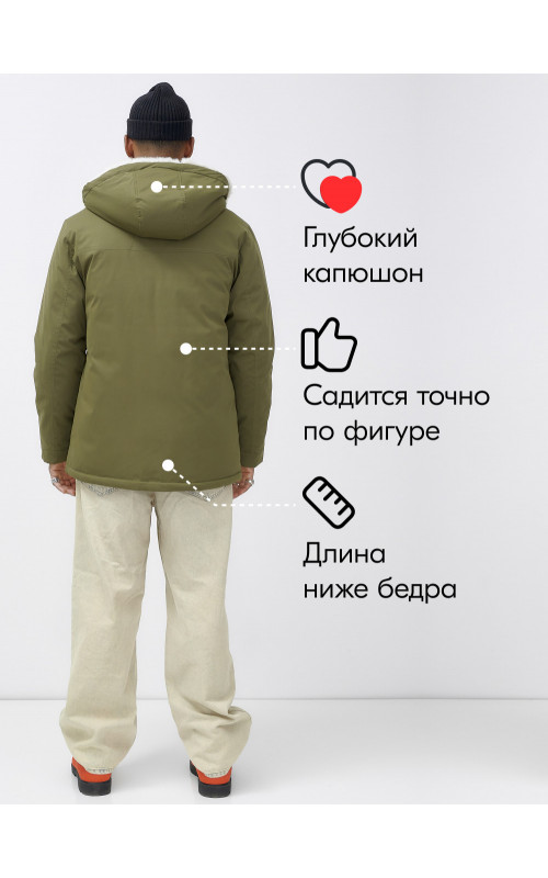 Мужская зимняя парка удлинённая с мехом, хаки, для активного отдыха в Тюмени