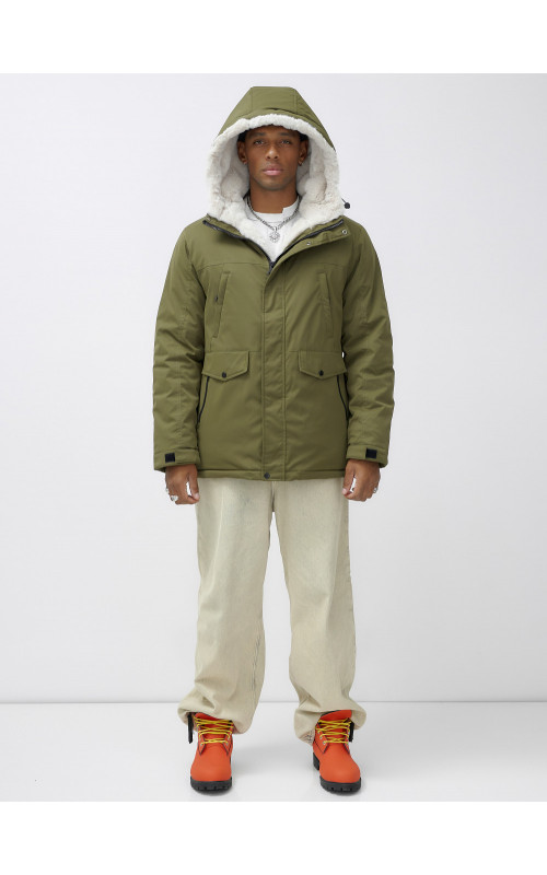 Мужская зимняя парка удлинённая с мехом, хаки, для активного отдыха в Тюмени
