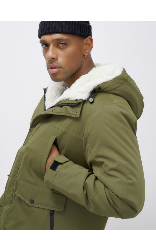Мужская зимняя парка удлинённая с мехом, хаки, для активного отдыха в Тюмени