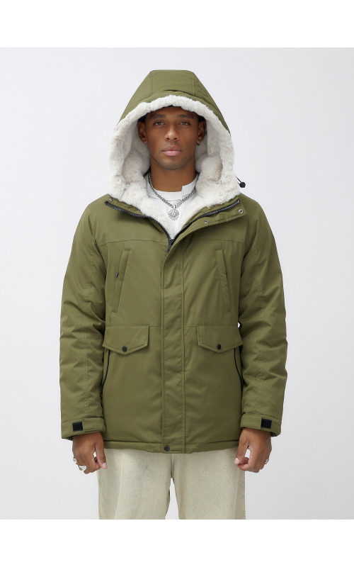 Мужская зимняя парка удлинённая с мехом, хаки, для активного отдыха в Тюмени