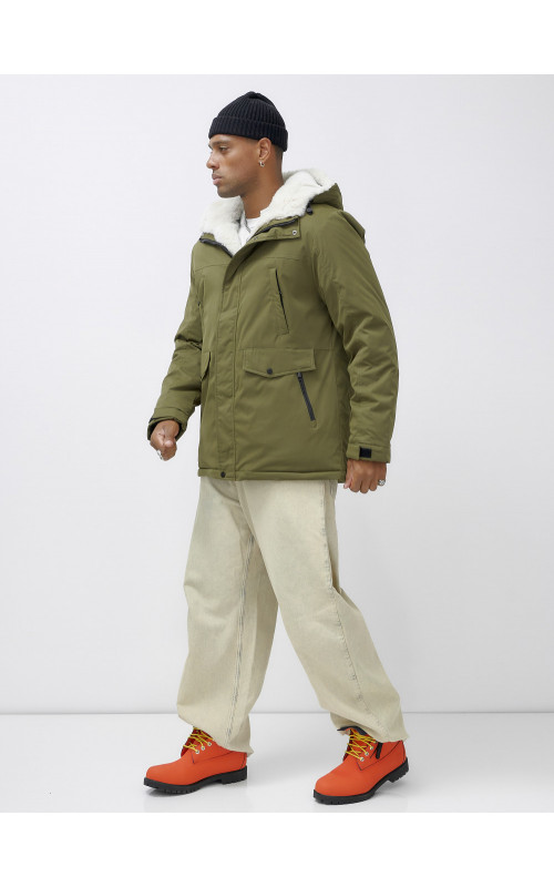 Мужская зимняя парка удлинённая с мехом, хаки, для активного отдыха в Тюмени