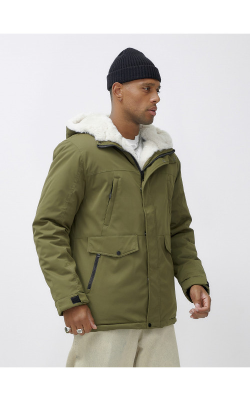 Мужская зимняя парка удлинённая с мехом, хаки, для активного отдыха в Тюмени