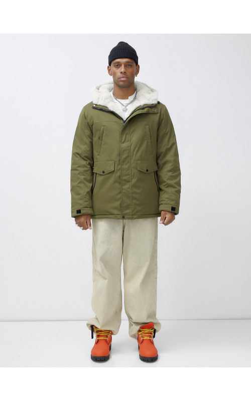 Мужская зимняя парка удлинённая с мехом, хаки, для активного отдыха в Тюмени