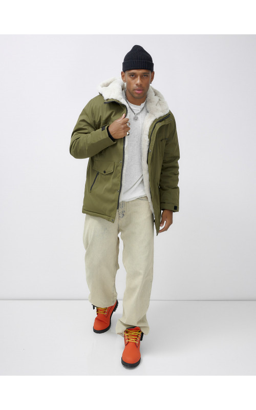 Мужская зимняя парка удлинённая с мехом, хаки, для активного отдыха в Тюмени