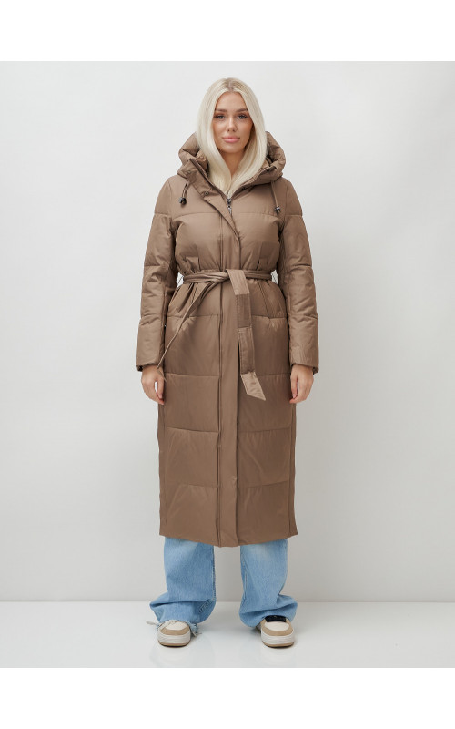 Тёплый женский пуховик с поясом и капюшоном.
