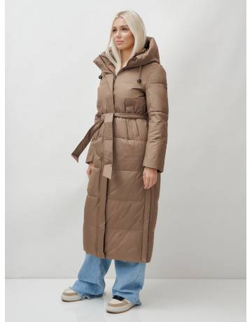 Тёплый женский пуховик с поясом и капюшоном.