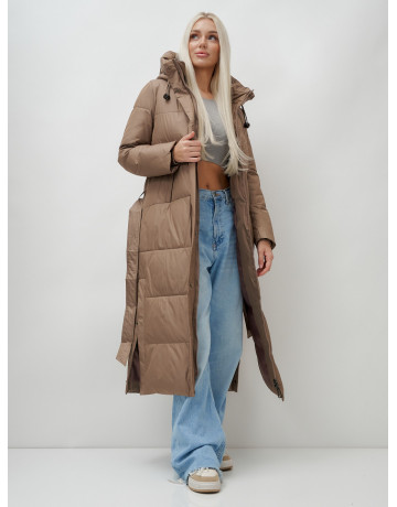 Тёплый женский пуховик с поясом и капюшоном.