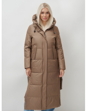 Тёплый женский пуховик с поясом и капюшоном.