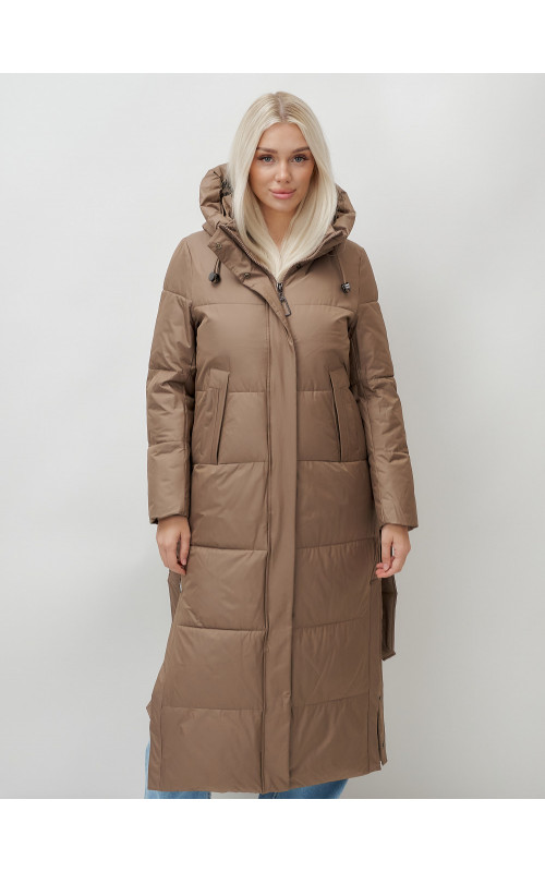 Тёплый женский пуховик с поясом и капюшоном.