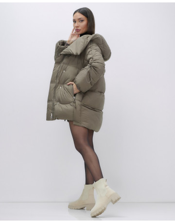 Женский зимний пуховик с капюшоном, коричневый. в Тюмени
