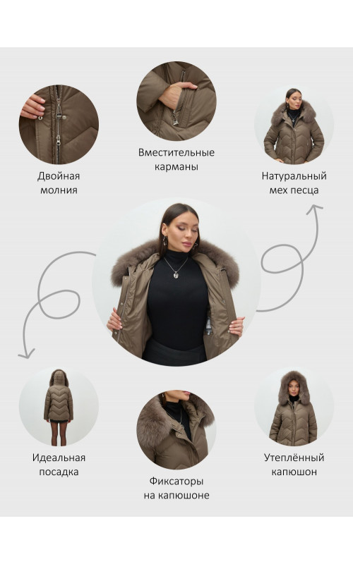 Пуховик для городской леди с мехом песца, защита от влаги и ветра.