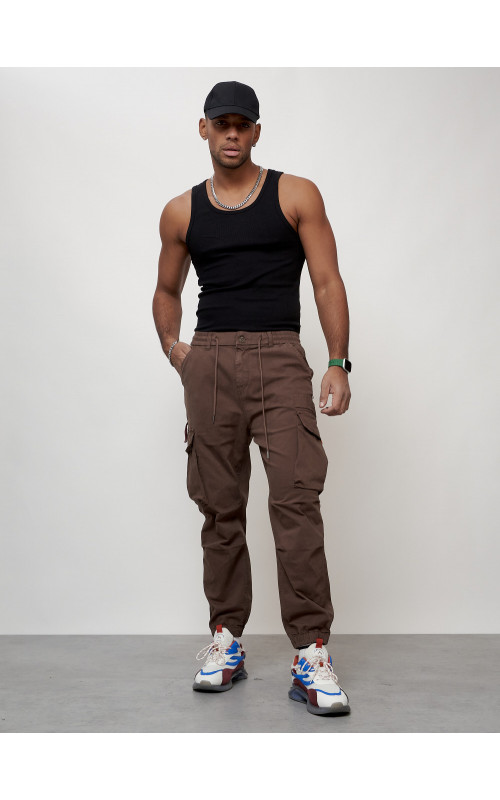 Мужские брюки карго с накладными карманами, коричневые в Тюмени